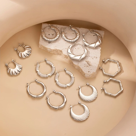 Minimalist Stainless Steel Hoop Earrings For Women Fashion Geometric Spiral Bamboo Joint Scallop Texture Vintage Jewelry