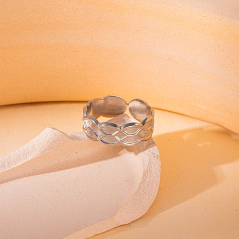 Anello Aperto in Acciaio Inossidabile da Donna alla Moda Texture in Metallo Liquido Minimalista Cuore Cavo Geometrico Foglia Bambù Design Anello Regolabile Gioielli
