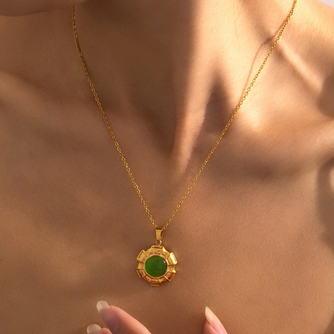 Vintage Roestvrij Staal Vergulde Halsketting Voor Vrouwen Ronde Roze Groene Kattenoogsteen Hanger Minimalistische Sieraden