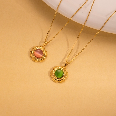 Vintage Roestvrij Staal Vergulde Halsketting Voor Vrouwen Ronde Roze Groene Kattenoogsteen Hanger Minimalistische Sieraden