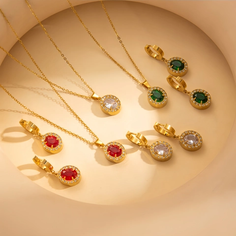 Vintage Titanstahl Schmuckset Ovaler Strass Gold Vergoldete Halskette Ohrringe Für Damen Bankett Hochzeit Accessoires
