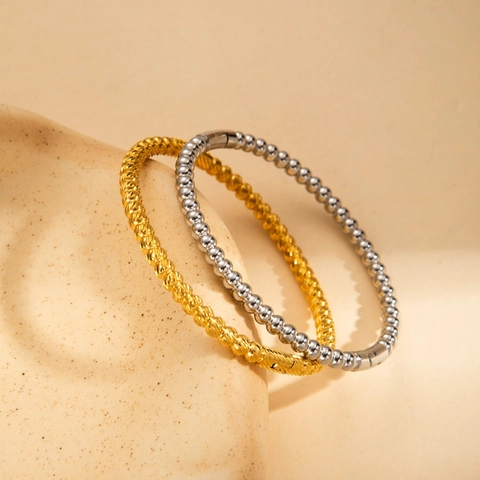 Minimalist Titanium Steel Bangle For Women Gold Silver Plated High End Fashion Plain Circle Bracelet Bamboo Joint Bead Textured Open Cuff Adjustable Jewelry Gift