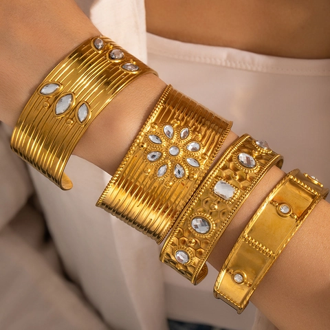 18K Gold Plated Stainless Steel Open Bangle Geometric Zirconia Inlaid Vintage Irregular Wide Bracelet For Women Jewelry