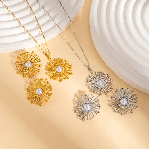 304 Roestvrij Staal Halsketting Oorbellen Set 18K Verguld Retro Geometrisch Zonnebloem Spiraal Kunstparel Hart Strass Sieradenset Voor Dames