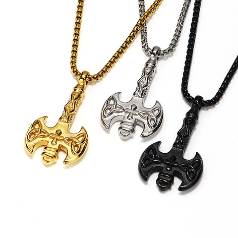 Collier Pendentif Hache de Bataille Viking en Acier Inoxydable Punk Gothique Nœud Celtique Croix Bijoux Cadeau pour Hommes