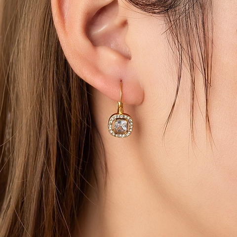 French Vintage Titanium Steel Leverback Earrings Gold Plated Geometric Pear Square Heart Oval Rhinestone Earrings For Women Jewelry