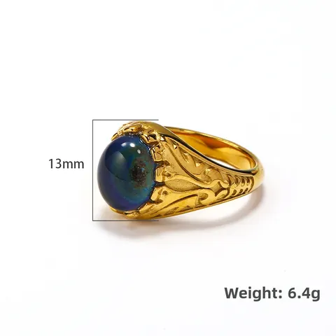 Vintage 18K Gold Plated Stainless Steel Ring For Women Retro Pattern Photosensitive Color Changing Gemstone Finger Ring Jewelry