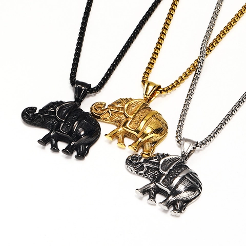 Retro Punk Elephant Pendant Necklace For Men Women Stainless Steel Thai Hip Hop Animal Jewelry With Box Chain