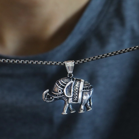 Retro Punk Elephant Pendant Necklace For Men Women Stainless Steel Thai Hip Hop Animal Jewelry With Box Chain