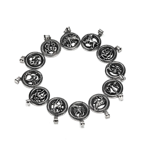 Vintage Titanium Steel 12 Zodiac Sign Hollow Round Disc Pendant Necklace For Men Women Hip Hop Retro Jewelry Gift
