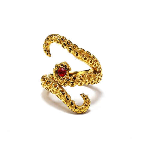 Retro Punk Octopus Tentacle Titanium Steel Ring For Men Creative Red Zirconia Gold Plated Animal Finger Ring Jewelry Gift