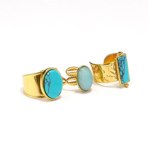 Anello Aperto in Acciaio Inossidabile Placcato Oro 18K Vintage Bohemien per Donna Texture Martellata Ovale Rettangolare Turchese Artificiale Strass Gioielli