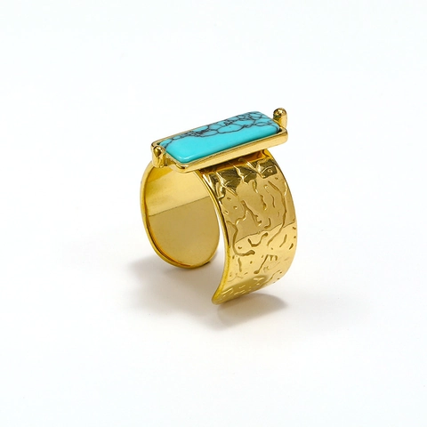 Anello Aperto in Acciaio Inossidabile Placcato Oro 18K Vintage Bohemien per Donna Texture Martellata Ovale Rettangolare Turchese Artificiale Strass Gioielli