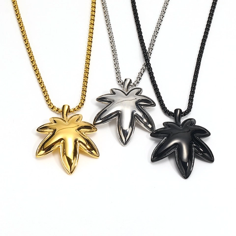 Hip Hop Stainless Steel Maple Leaf Pendant Necklace For Men Minimalist Titanium Steel Leaf Box Chain Necklace Fashion Jewelry Gift