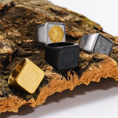 Men's Vintage Titanium Steel Compass Signet Ring Retro Punk Square Biker Ring Gold Black Silver Compass Jewelry Gift For Him