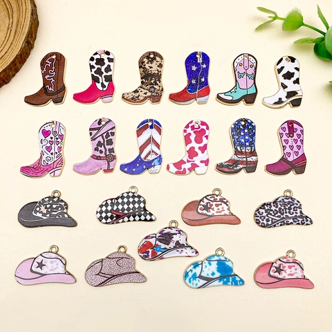 Pendentifs en Alliage d'Émail de Style Cowboy de l'Ouest pour la Fabrication de Bijoux DIY Charms Vintage en Forme de Chapeau et de Botte avec Motif Léopard Cœur Étoile pour Colliers Bracelets Porte-clés
