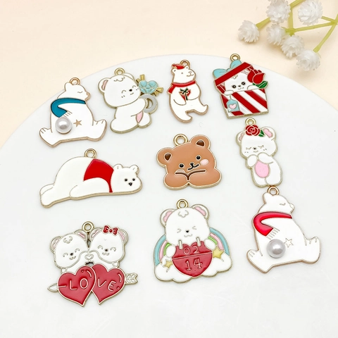 Vintage Alloy Cartoon Bear Enameled Pendants For DIY Jewelry Making Valentine Christmas Heart Shape Artificial Pearl