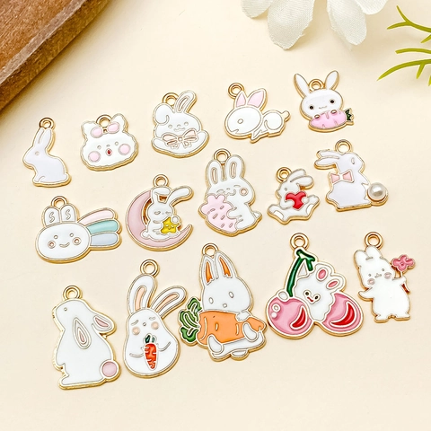 Cartoon Rabbit Alloy Enamel Pendants For DIY Jewelry Making Easter White Rabbit Carrot Moon Heart Charms Accessories