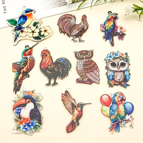Juego de Dijes de Aves de Acrílico DIY Patrones de Loro Búho Pájaro Carpintero Gallo Para Fabricación de Joyas Pendientes Llaveros Accesorios