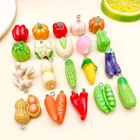 Resin Simulation Food Vegetable Pendants Cartoon Chili Pumpkin Corn Carrot Peanut For DIY Jewelry Keychain Earring Making