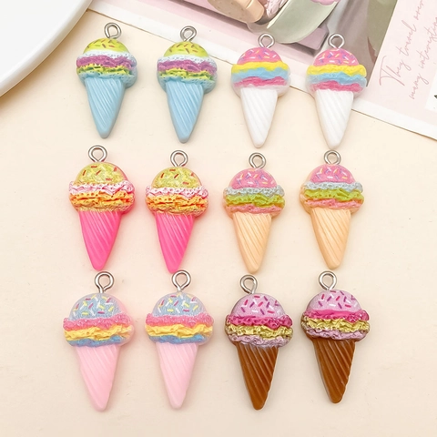 Simulation Resin Ice Cream Cone Pendants Colorful 3D Food Charms With Metal Loop For DIY Keychain Phone Chain Jewelry Making Accessories
