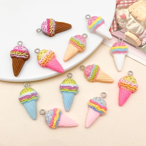 Simulation Resin Ice Cream Cone Pendants Colorful 3D Food Charms With Metal Loop For DIY Keychain Phone Chain Jewelry Making Accessories