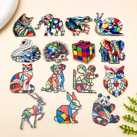 Pendentifs en Acrylique en Forme d'Animal Mosaïque Mignon Dessin Animé Motif Géométrique Accessoires de Fabrication de Bijoux DIY Breloques Colorées Style Puzzle