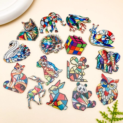 Pendentifs en Acrylique en Forme d'Animal Mosaïque Mignon Dessin Animé Motif Géométrique Accessoires de Fabrication de Bijoux DIY Breloques Colorées Style Puzzle