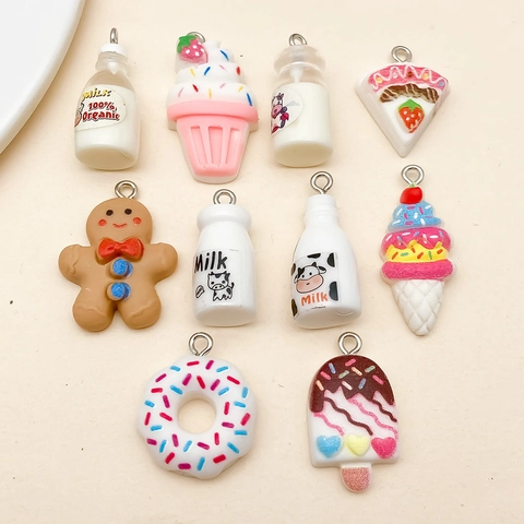 Resin Food Dessert Charms Assorted Milk Bottle Donut Gingerbread Man Cake Ice Cream Pendants For DIY Jewelry Making Keychain Accessory