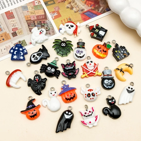 Halloween Resin Pendants Cartoon Cute Pumpkin Ghost Bat Spider Castle DIY Jewelry Making Accessories Charms Set Mixed Style