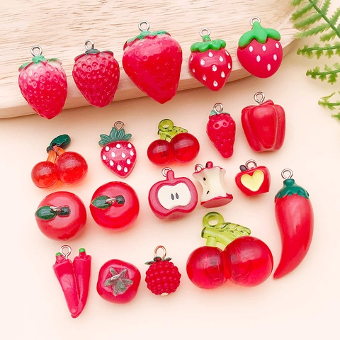 3D Resin Alloy Fruit Vegetable Charms For DIY Earring Necklace Keychain Making Red Strawberry Apple Cherry Pepper Pendants