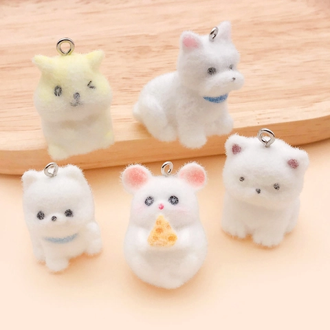 Cute Flocked Animal Pendants DIY Resin Puppy Hamster Keychain Accessories Cartoon Plush Jewelry Making Charms For Schoolbag