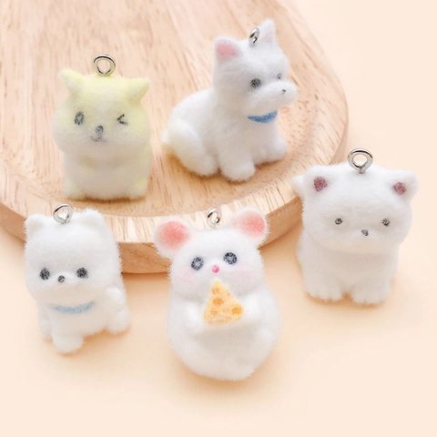 Cute Flocked Animal Pendants DIY Resin Puppy Hamster Keychain Accessories Cartoon Plush Jewelry Making Charms For Schoolbag