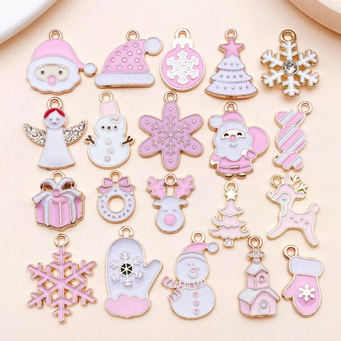 Rosa Weiß Emaille Weihnachten Charm Set DIY Zinklegierung Schneeflocke Weihnachtsmann Weihnachtsbaum Schneemann Rentier Geschenkbox Engel Anhänger Für Schmuckherstellung Zubehör