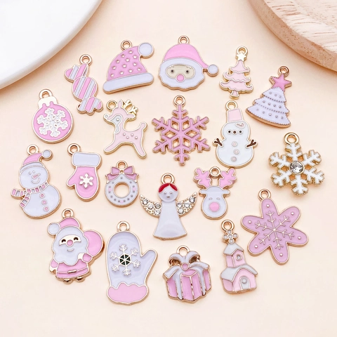 Rosa Weiß Emaille Weihnachten Charm Set DIY Zinklegierung Schneeflocke Weihnachtsmann Weihnachtsbaum Schneemann Rentier Geschenkbox Engel Anhänger Für Schmuckherstellung Zubehör