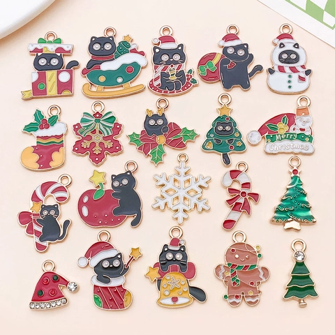 Kerst Emaille Legering Charms Schattige Zwarte Kat Kerstboom Sneeuwman Sneeuwvlok Peperkoekman DIY Sieraden Hangers