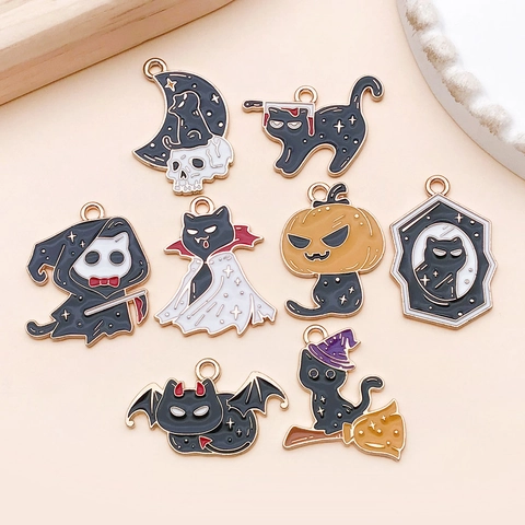 Halloween Cartoon Black Cat Enamel Alloy Pendants Creative Skull Ghost Bat Pumpkin Cat Charm For DIY Jewelry Making Accessories