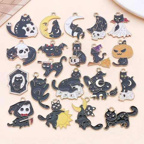Halloween Kat Hangers Emaille Zinklegering Schedel Maan Vleermuis Pompoen Charms Collectie Voor DIY Sieraden
