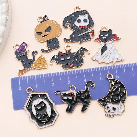 Halloween Cartoon Black Cat Enamel Alloy Pendants Creative Skull Ghost Bat Pumpkin Cat Charm For DIY Jewelry Making Accessories
