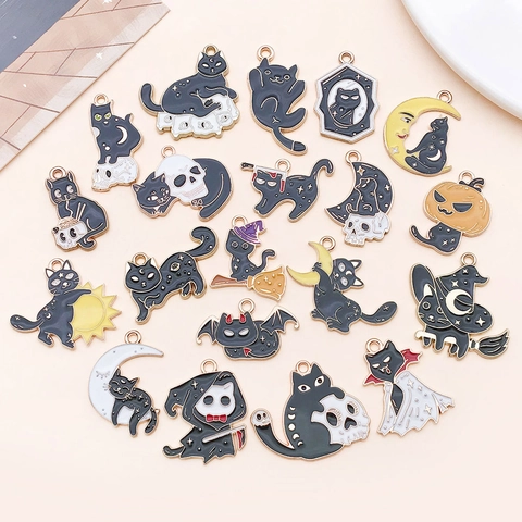 Halloween Kat Hangers Emaille Zinklegering Schedel Maan Vleermuis Pompoen Charms Collectie Voor DIY Sieraden