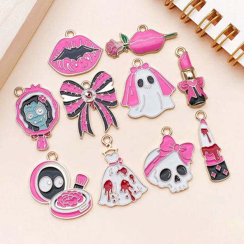 Halloween Pink Ghost Enamel Zinc Alloy Pendants Skeleton Bowknot Mirror Lip Lipstick Shapes For DIY Jewelry Making Accessories