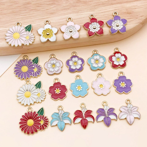 Zinc Alloy Enamel Flower Charms Cherry Blossom Daisy Lily Pendants For DIY Jewelry Making Bracelet Keychain Accessories
