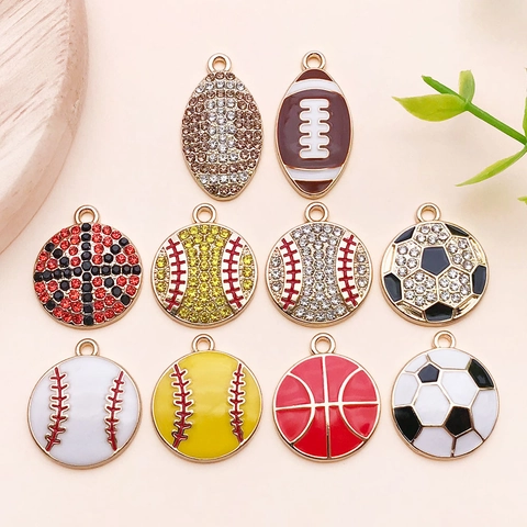 Vintage Sport Ball Alloy Pendants For DIY Jewelry Making Basketball Football Baseball Rugby Enamel Rhinestone Charms Craft Accessories