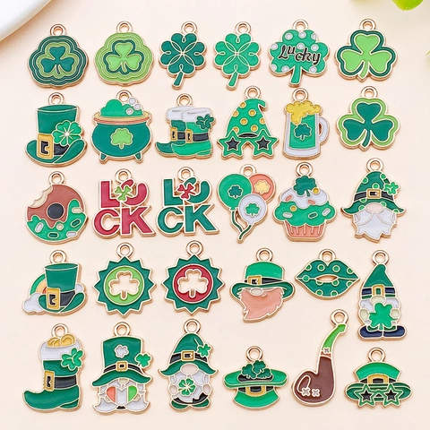 St Patrick's Day Zinc Alloy Enamel Charms For DIY Jewelry Making Shamrock Hat Gnome Lucky Pendants Green Gold Luck Pendants