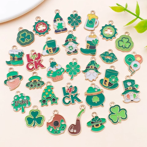 St Patrick's Day Zinc Alloy Enamel Charms For DIY Jewelry Making Shamrock Hat Gnome Lucky Pendants Green Gold Luck Pendants