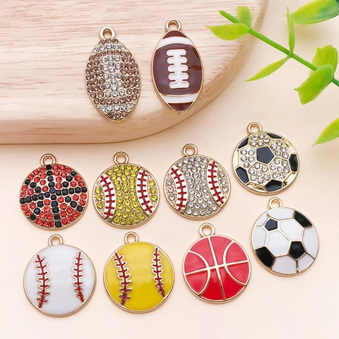 Vintage Sport Ball Alloy Pendants For DIY Jewelry Making Basketball Football Baseball Rugby Enamel Rhinestone Charms Craft Accessories
