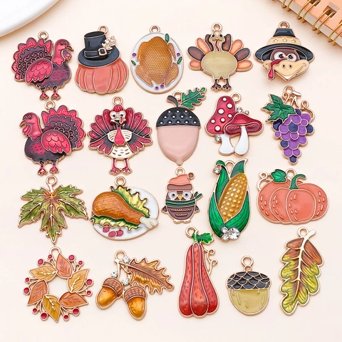 Thanksgiving Enamel Zinc Alloy Pendants Turkey Pumpkin Maple Leaf Autumn Theme DIY Jewelry Making Pendants Accessories