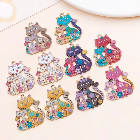 Cartoon Parent Child Cat Zinc Alloy Enamel Drip Oil Pendant Floral Print DIY Keychain Bag Jewelry Making Accessory Charm
