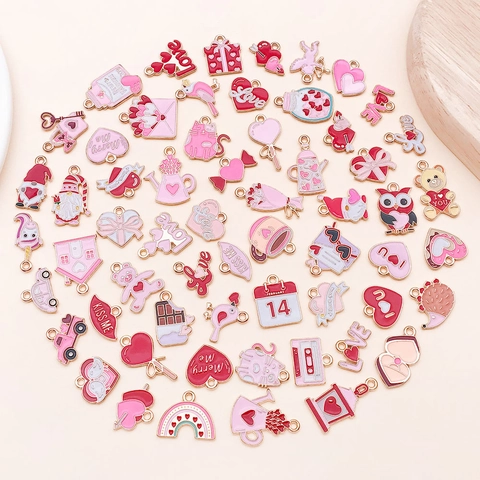 Dijes de Aleación de Zinc Esmaltados en Rosa y Rojo para el Día de San Valentín con Diseño de Corazón y Oso para la Fabricación de Joyas DIY Accesorios para Collares Pulseras