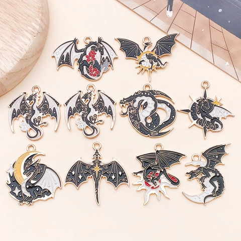 Vintage Zinc Alloy Enamel Dragon Pendants For DIY Jewelry Making Gothic Dark Style Moon Sun Winged Dragon Pendant Charms